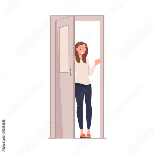Billede på lærred Woman Character at the Door Opening It Entering Home Vector Illustration