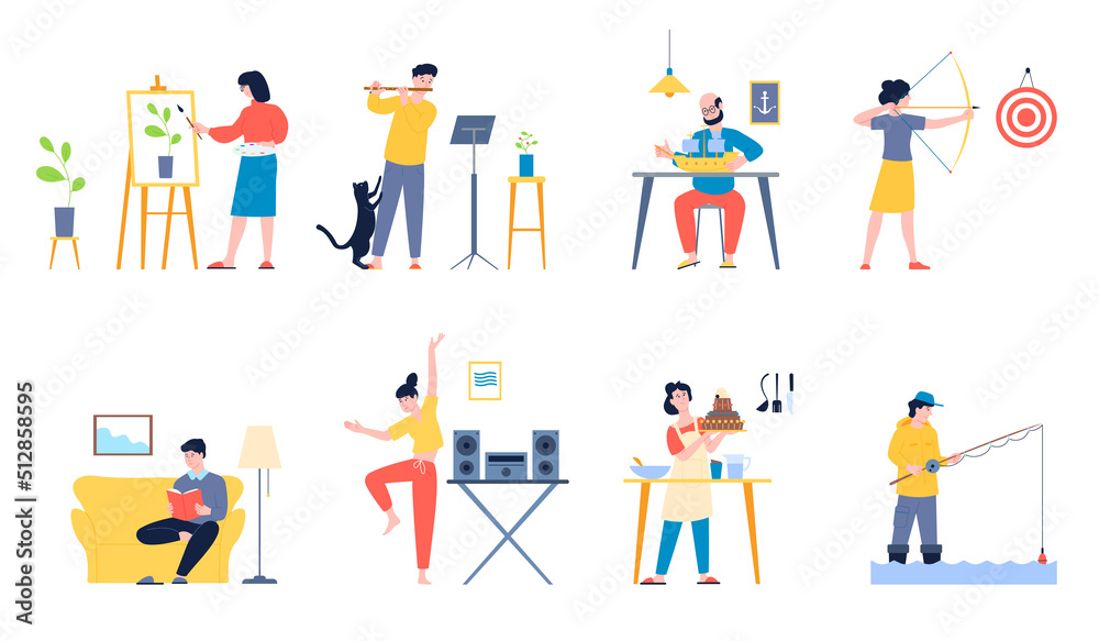 People and hobby. Painter and dancing, sculpture artist or amateur designer. Person do hobbies, reading book on sofa and play music, cooking recent vector set