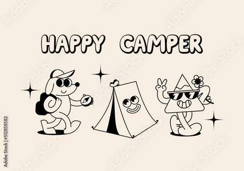 Set of Funny Retro Illustration. Vector Characters in Vintage Style. Outdoor Summer Camp Logo
