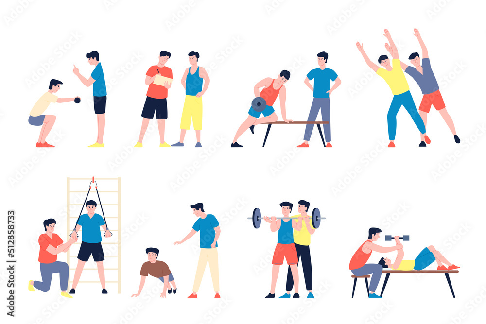 Fitness trainer. Cartoons character gym, flat trainers and man workout. Stretching and run, fit exercises. Morning gymnastic with coach, sport recent vector scenes
