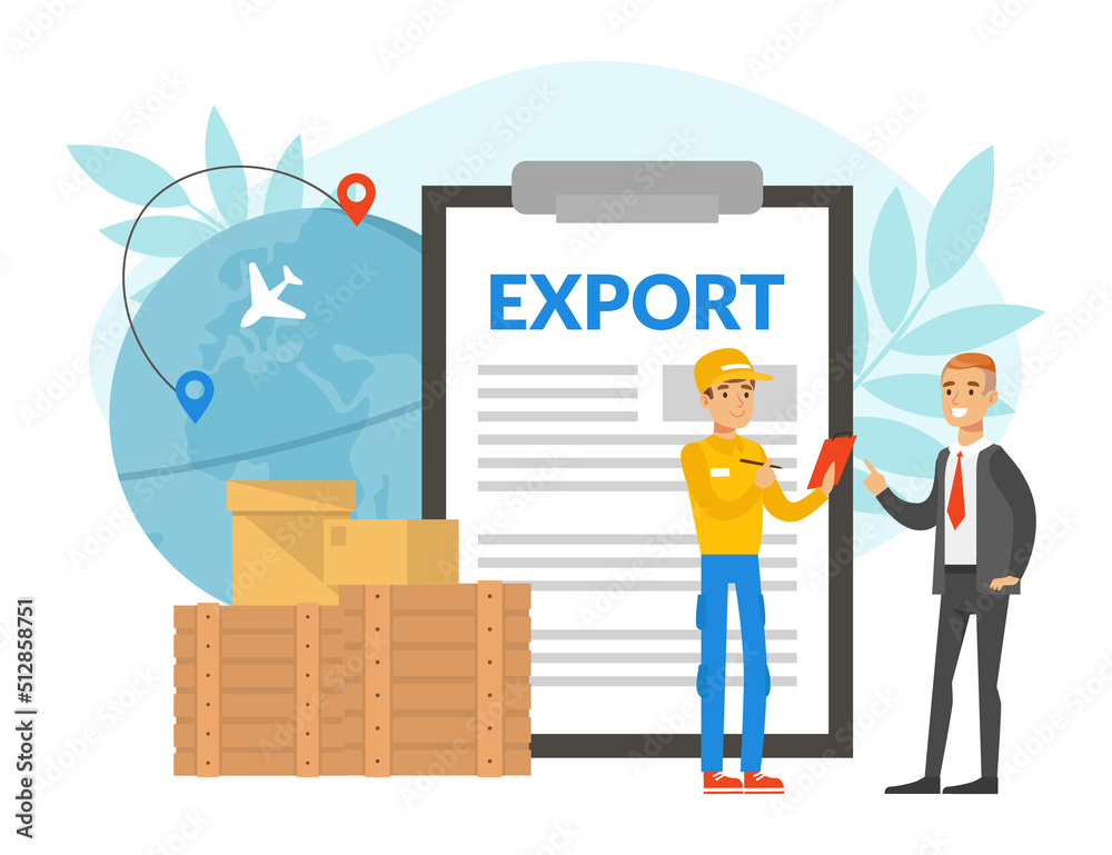 Businessman Talking to Courier Dealing with Global Goods Export Vector Illustration Businessman Talking to Courier Dealing with Global Goods Export Vector Illustration