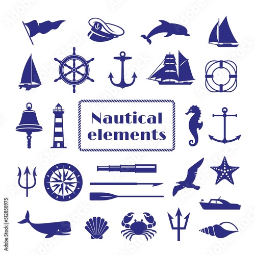 Nautical elements set. Nautic icon, sea bell and boat, ship wheel. Marine seagull silhouette, crab and seahorse. Navy compass, vintage tidy vector stickers