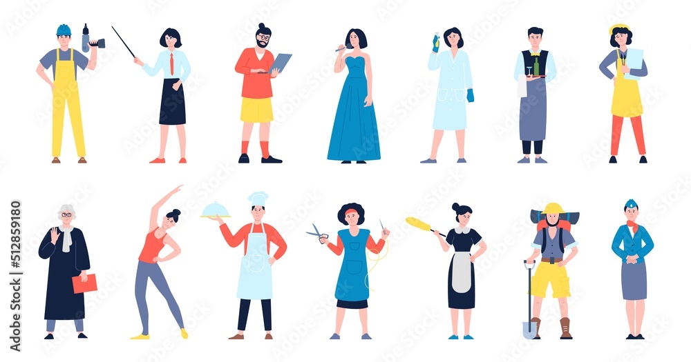 Different workers group. Variety occupations, worker teamwork flat characters. Mix different professionals, male and female professions recent vector people