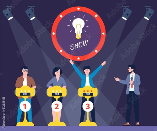 Quiz tv show. Trivia game, woman challenge and competition. Intellect guess, people showed knowledge and competitive. Fun players, winner recent vector scene