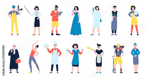 Different workers group. Variety occupations, worker teamwork flat characters. Mix different professionals, male and female professions recent vector people