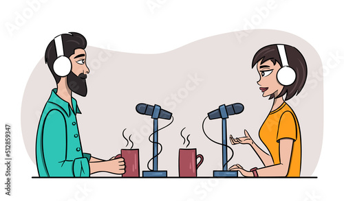 Man and woman are recording in studio. The podcast hosts speak into microphone