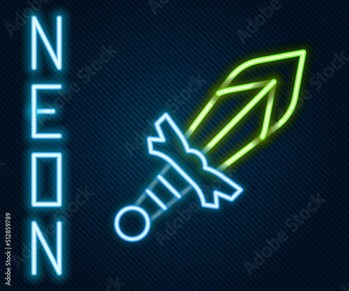 Glowing neon line Medieval sword icon isolated on black background. Medieval weapon. Colorful outline concept. Vector