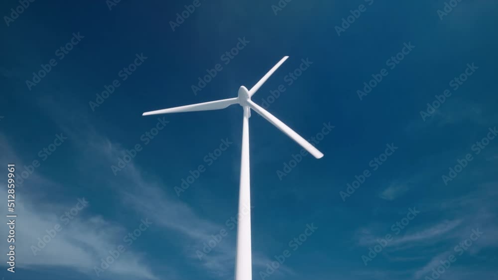 3d Wind farm with blue sky in the background. Alternative renewable energy generation. Environmental conservation concept. Realistic 3d animation Wind turbines 3d Wind farm with blue sky in the background. Alternative renewable energy generation. Environmental conservation concept. Realistic 3d animation Wind turbines