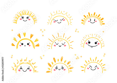 Doodle Cute Sunset or Sunrise with Smiling Face for Kids Design. Funny Half Sun Icons Vector Set.