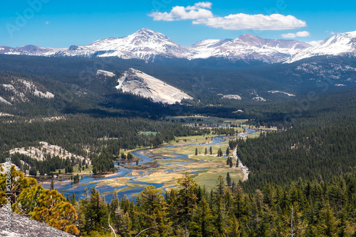 Panoramic shot of Sierra Nevada mountain range in Yosemite National Park, California, USA. Vast landscape with forests and mountain peaks on a beautiful sunny day.