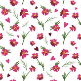 Floral pattern with pink flowers on a white background. Rustic floral background. Seamless pattern for design and fashion prints.