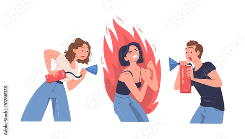 Woman Character Extinguishing Burning Angry Shouting People Vector Illustration