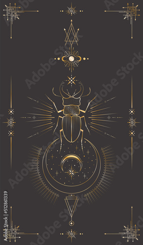 Vector mystic celestial background with golden outline insect, stars, moon phases, crescents and frame with arrows. Occult linear backdrop with a magical stag beetle. Elegant ornate tarot card cover