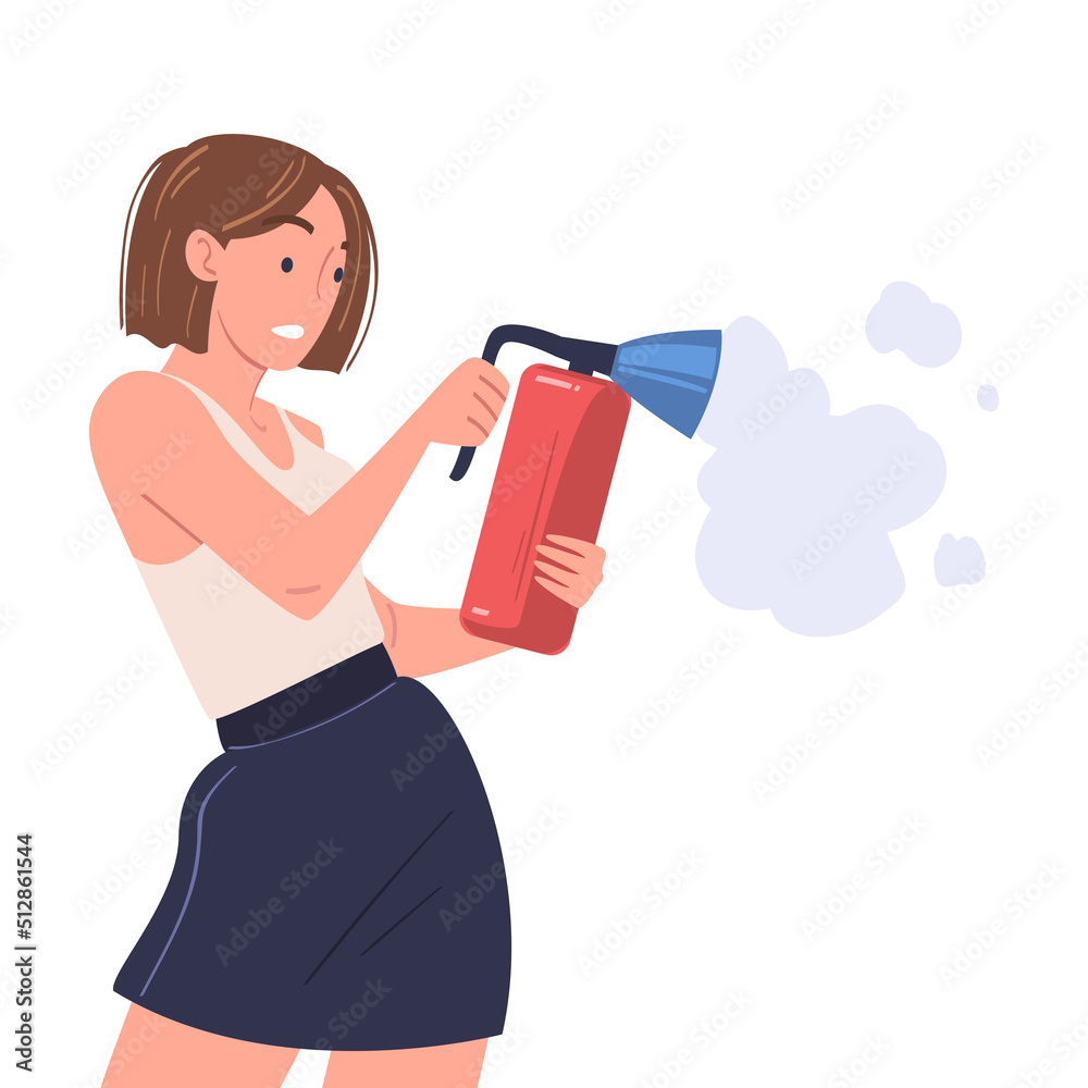 Woman with Fire Extinguisher Trying to Stop Flame Burning in Emergency Situation Vector Illustration Woman with Fire Extinguisher Trying to Stop Flame Burning in Emergency Situation Vector Illustration