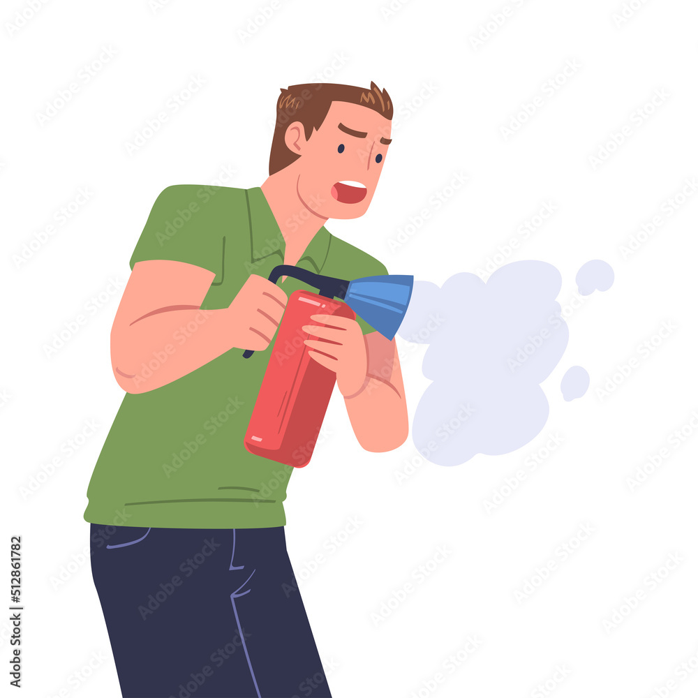 Man with Fire Extinguisher Trying to Stop Flame Burning in Emergency Situation Vector Illustration Man with Fire Extinguisher Trying to Stop Flame Burning in Emergency Situation Vector Illustration