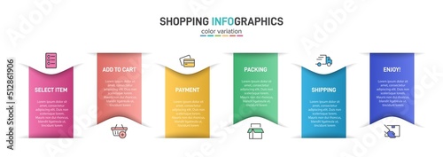 Concept of shopping process with 6 successive steps. Six colorful graphic elements. Timeline design for brochure, presentation, web site. Infographic design layout.