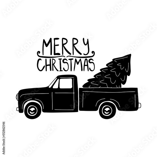 Merry christmas. Truck with christmas tree.  Vector flat style illustration.