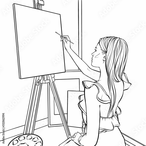 Coloring page for adults and children. Young beautiful woman artist painting a picture