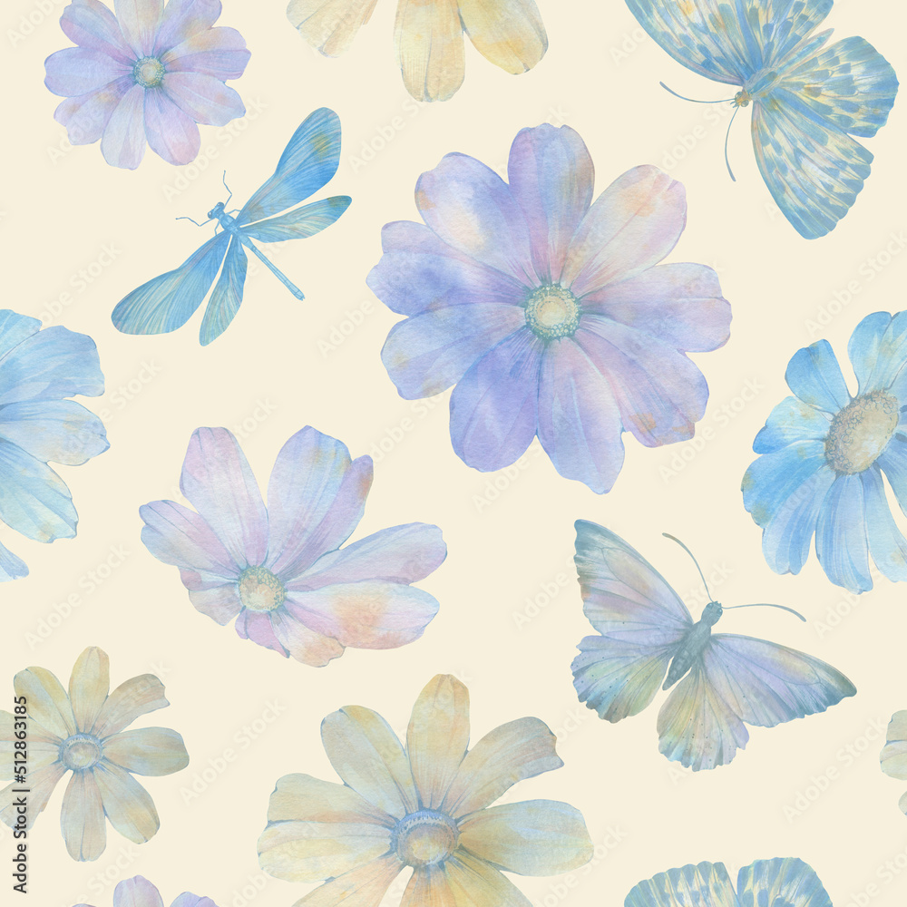 Obraz premium Abstract, watercolor, seamless background for design, from delicate flowers and butterflies.