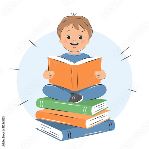 Kid boy reading book. Knowledge and education concept. Vector illustration