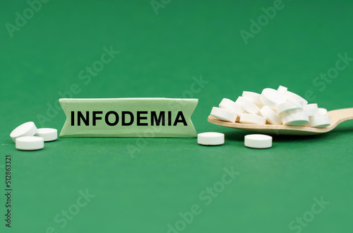 On a green surface, a wooden spoon with pills and a sign with the inscription - INFODEMIA photo