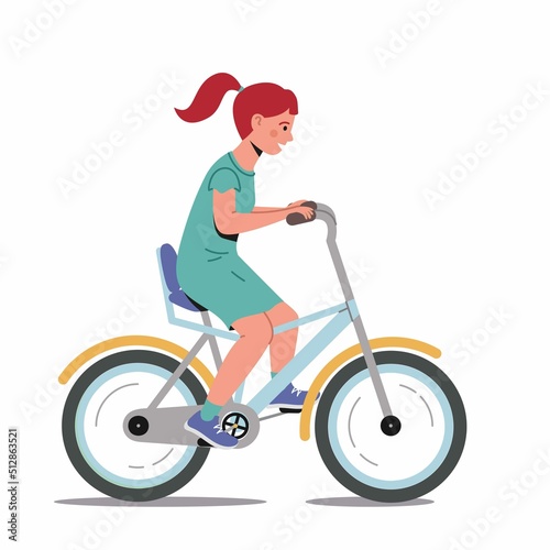 Young girl in dress riding bike. Illustration of woman biking on bicycle. Vector girl isolated on white background. Sport activity. 