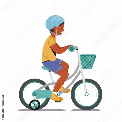 Little african boy in helmet riding bike. Illustration of american child biking on bicycle with basket. Vector boy isolated on white background. Children's activity.