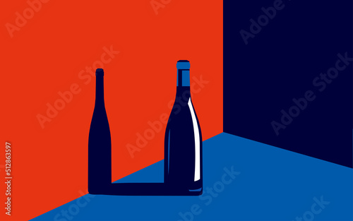 Vector illustration of a bottle of wine in trendy colors in a minimal style.