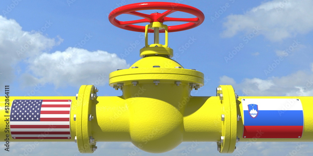 USA SLOVENIA oil or gas transportation concept, pipe with valve. 3D rendering USA SLOVENIA oil or gas transportation concept, pipe with valve. 3D rendering