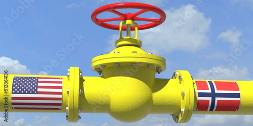 USA NORWAY gas or oil transit concept. Pipe with valve, 3D rendering