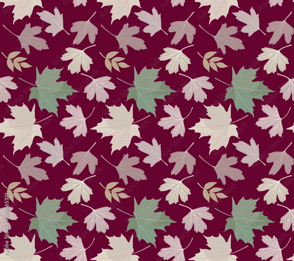 Bleached golden currant and ash autumn leaves and green maple leaves on brown background in vector. Natural print for fabric.