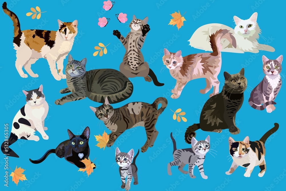 Cute cats and kittens, pink butterflies and yellow autumn leaves on curious blue background in vector. Seamless animal print for fabric, wallpaper.