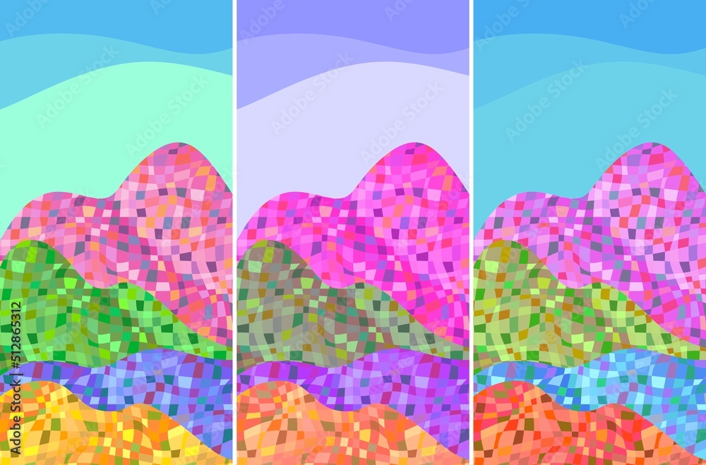 Collection of abstract mountain landscapes in vector. Multi-colored mosaic mountains and the sky of different shades. Package design, poster. Beautiful illustration.