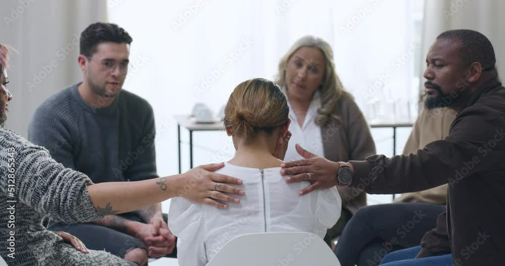 Woman crying and being comforted during group therapy. Upset and anxious patient sharing trauma story with diverse people and victims. Stressed, seeking help and support for mental health and wellness