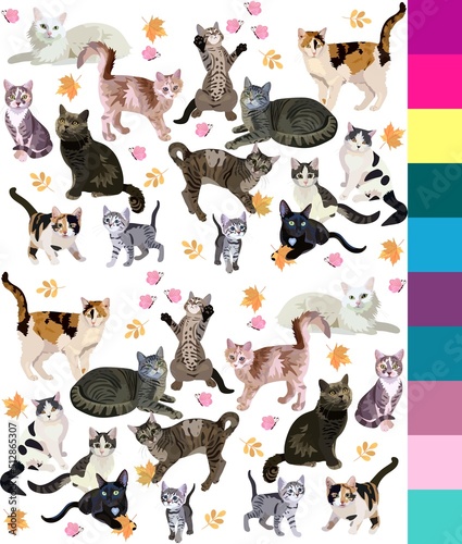 Fototapeta Naklejka Na Ścianę i Meble -  Realistically drawn cute playful cats of different breeds on a white background in vector and a collection of ten suitable colors for coloring the backdrop. 