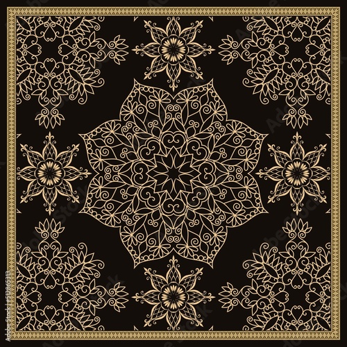 Golden lace pattern on a black background with a decorative frame. Print for scarf, handkerchief, pillow, napkin, carpet in vector. Vintage style.