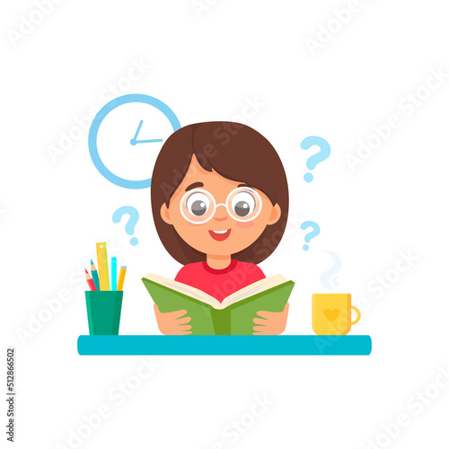 Cute cartoon child reading a book.Girl learning lessons.Vector illustration