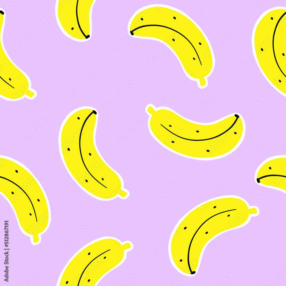 Vector seamless pattern of bananas on purple background. Yellow fruits. Juicy summer fruit background