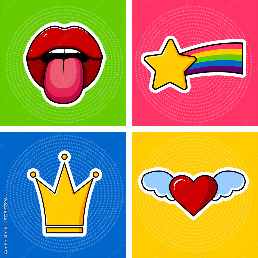 Clip art. Open mouth with tongue, yellow crown, heart with wings and rainbow comet. Stickers on a colored background.