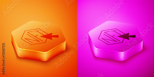 Isometric NFT Digital crypto art icon isolated on orange and pink background. Non fungible token. Hexagon button. Vector