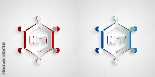Paper cut NFT blockchain technology icon isolated on grey background. Non fungible token. Digital crypto art concept. Paper art style. Vector