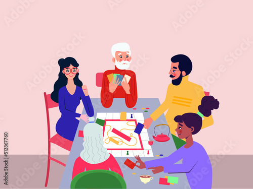 Group of diverse people joined with happiness while playing board game. Elderly people playing board game at nursing home. Vector illsutration