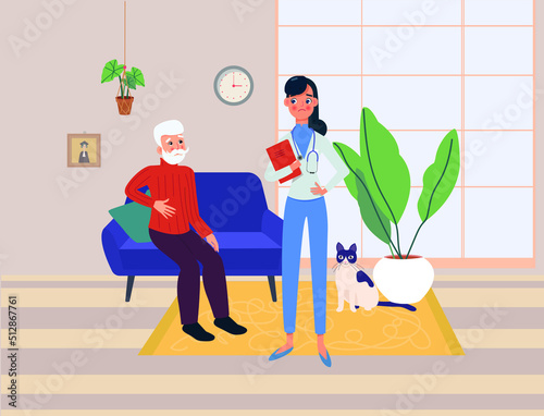 Caring female doctor or caregiver gives a medical prescription senior patient at home. Gentle trained nurse helping mature patient. Flat vector illsutration.