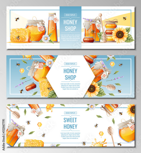 Set of banner templates with honey products. Honey shop.Illustration of a jar of honey, honeycombs, bees, flowers. Design for label, flyer, poster, advertising.