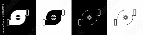 Set Automotive turbocharger icon isolated on black and white background. Vehicle performance turbo. Turbo compressor induction. Vector
