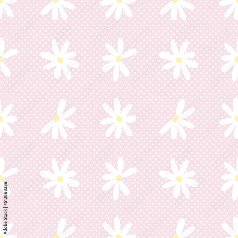 Floral print with chamomile flowers. Seamless pattern with summer white flowers on a pink polka dot background. Vector illustration Floral print with chamomile flowers. Seamless pattern with summer white flowers on a pink polka dot background. Vector illustration