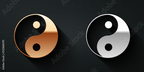 Gold and silver Yin Yang symbol of harmony and balance icon isolated on black background. Long shadow style. Vector