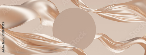 3D display, beige background with round, circle frame for text. nude color silk cloth curtain. Nature wind. Beauty, cosmetic product presentation . Luxury feminine  template 3d render advertisement