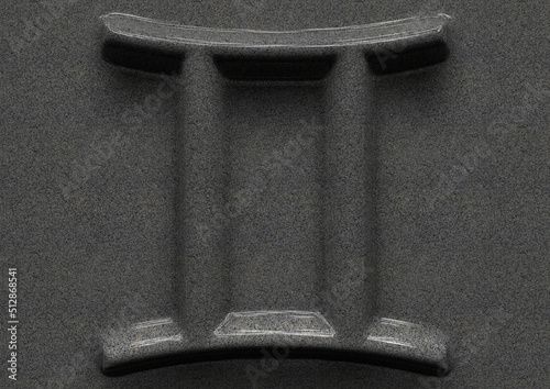 Gemini zodiac symbol on granite with shadow on background.The light source shines from above, forming a shadow.3d render illustration.