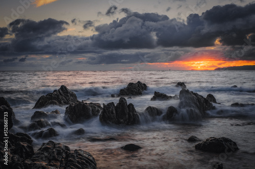 Sunrise on Reis Magos beach. Canico, Madeira, Portugal. October 2021. Long exposure picture